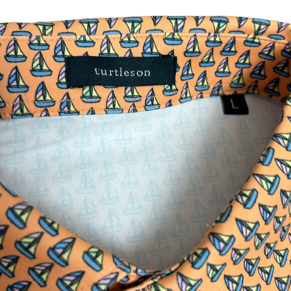 Turtleson golf polo men's Large Orange Sailboat Printed polyester Shirt New - Picture 5 of 9